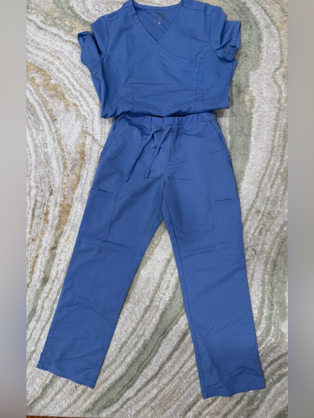 Women's Drawstring Medical Scrub Joggers in blue with scrub top XS both